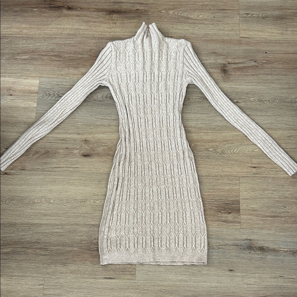 Chic Beige Cable Knit Long Sleeve Dress